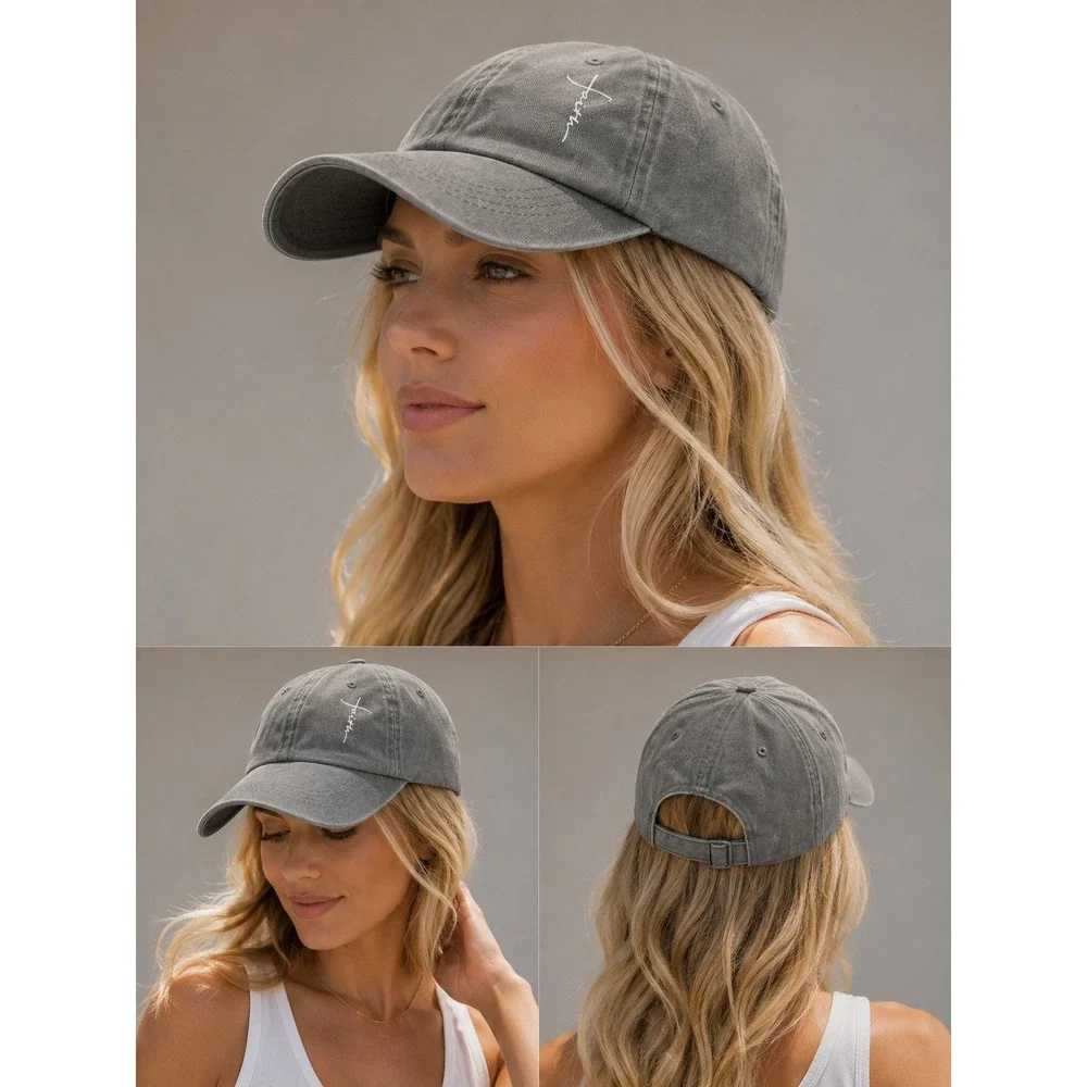 Faith Graphic Distressed Baseball Cap Gray Washed Cotton Embroidered #1417
